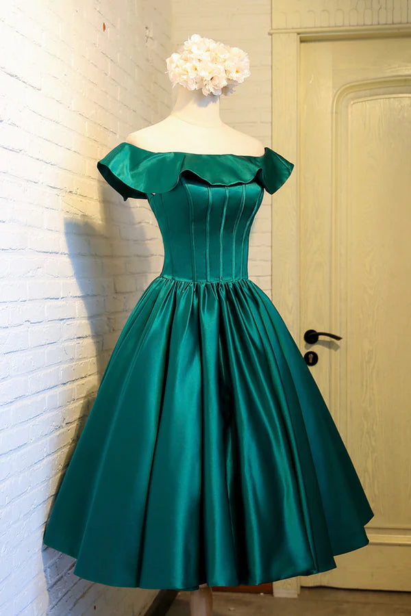 Wholesale Green Satin Short Homecoming Dress Cute Off the Shoulder Knee Length Prom Dress